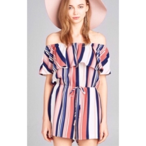 Striped Off Shoulder Romper - Picture 3 of 5